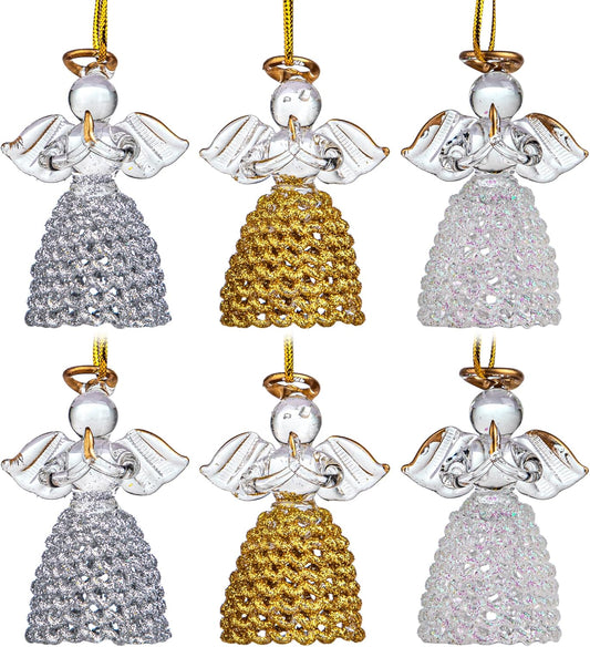 6Pcs Glass Gold Angel Ornaments Spun Angels Christmas Tree Ornaments Colorful Mini Hanging Guardian Angel Ornaments for Christmas Season Holiday Decor