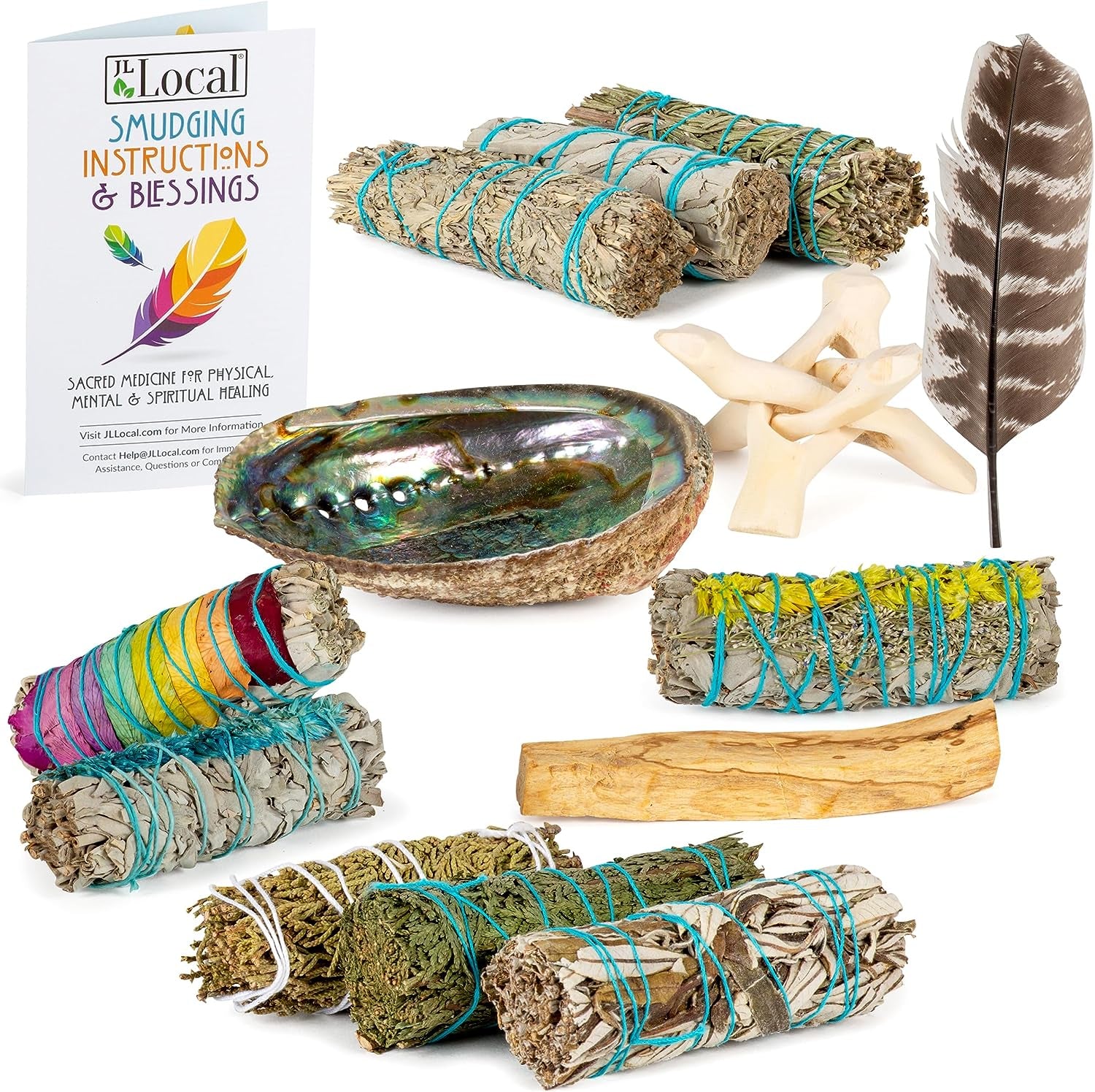 10 Sage Smudge Kit - Flower Sage, White Sage, Blue Sage, Yerba Santa, Cedar, Juniper & Palo Santo Smudge Sticks, Abalone